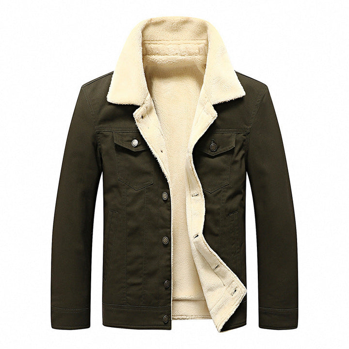 Herr Sherpa-Lined Canvas Trucker Jacka med Faux Fur Krage och Utility Fickor