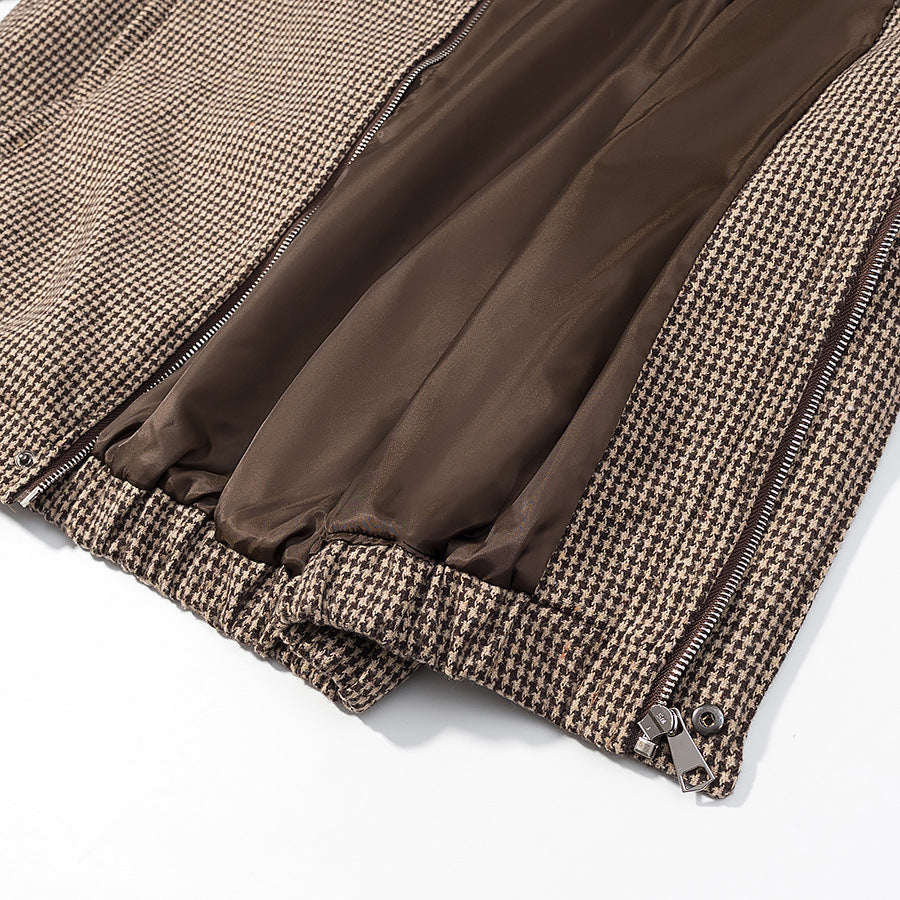 Dam lätt houndstooth övergångsjacka med high ståkrage, elastisk fåll, och concealed dragkedja