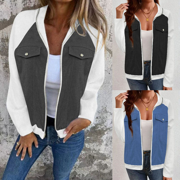Dam denim mix blousonjacka med dragkedja och bröstfickor