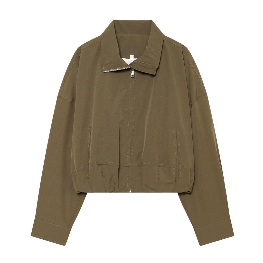 Dam Lätt Kort Blouson Jacka med Stå Krage, Dragkedja och Elastic Nederkant