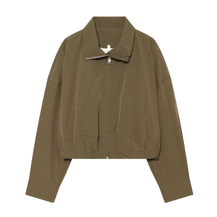 Dam Lätt Kort Blouson Jacka med Stå Krage, Dragkedja och Elastic Nederkant