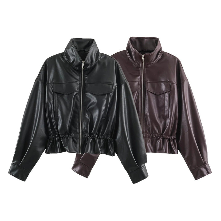Dam Oversize Blouson Jacka Tillverkad av Vegansk Läder med A Hög Standing Krage och Drawstring Waist