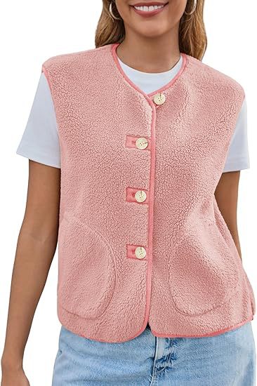 Dam teddy fleece väst med knappslå och sidofickor