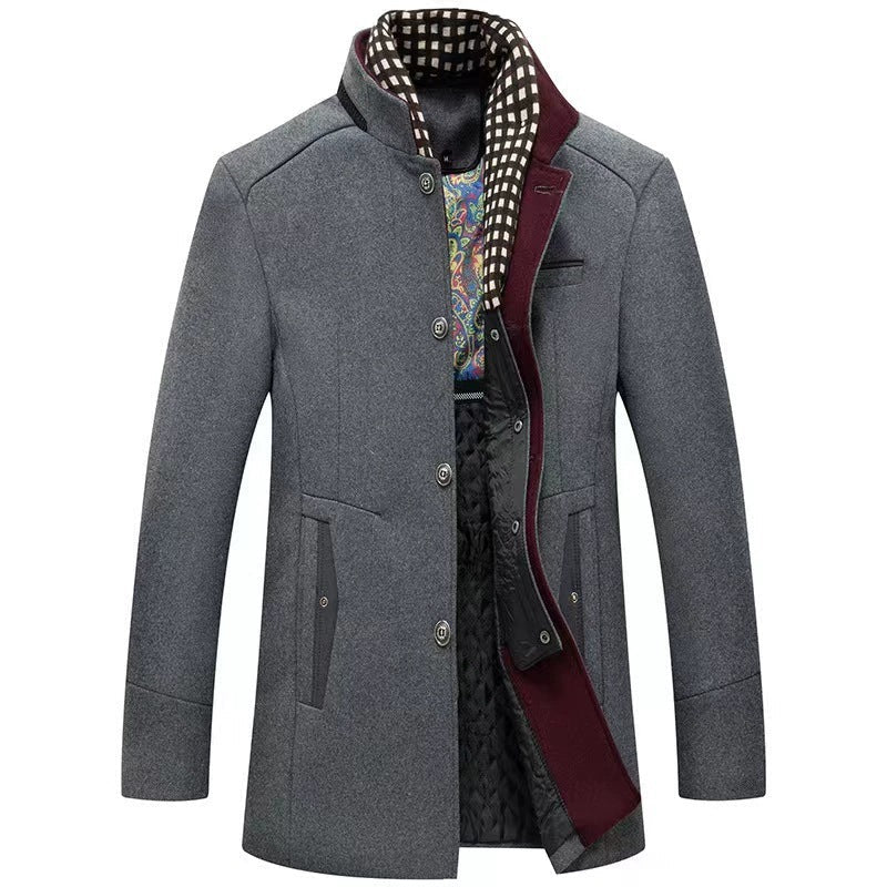 Herr Modern Ull Blandning Overcoat med Stående Krage, Tailored Siluett och Quiltad Inre Foder