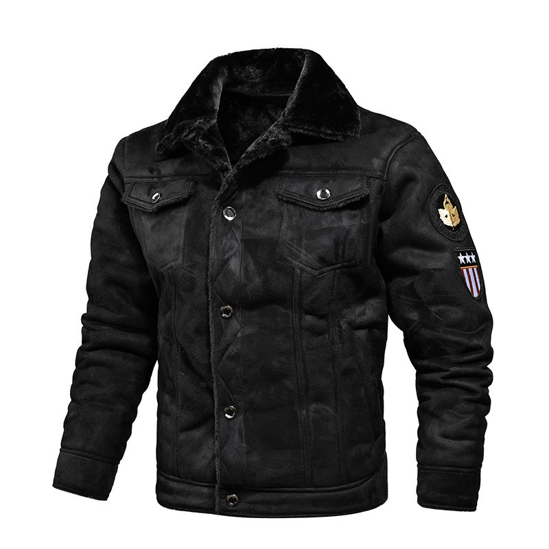 Herr pilot jacka tillverkad av synthetic läder med teddy päls foder och patch