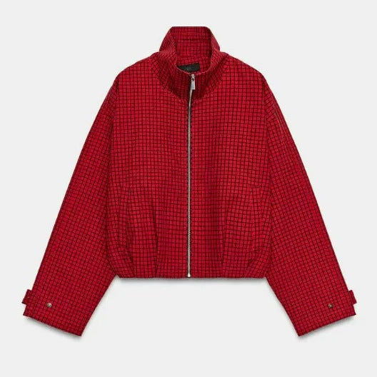 Dam Kort Blouson Jacka Gjord av Woven Fabric med Ståkrage, Elastic Fåll, och Fin Check Design