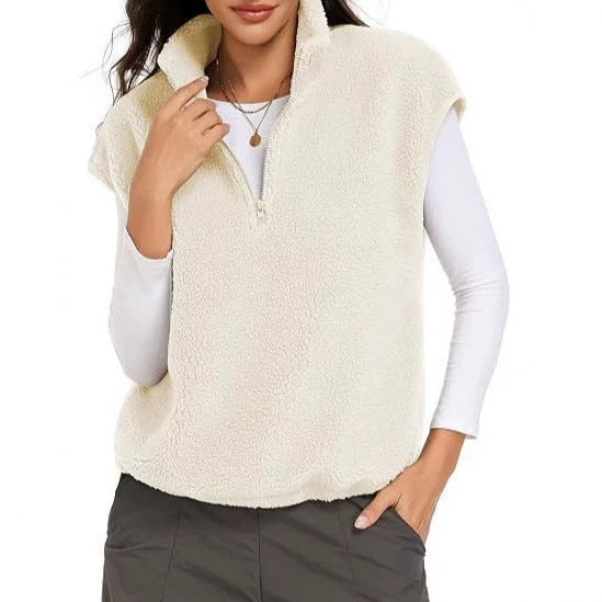 Dam Sleeveless Teddy Fleece Väst med Halv Dragkedja och Ståkrage