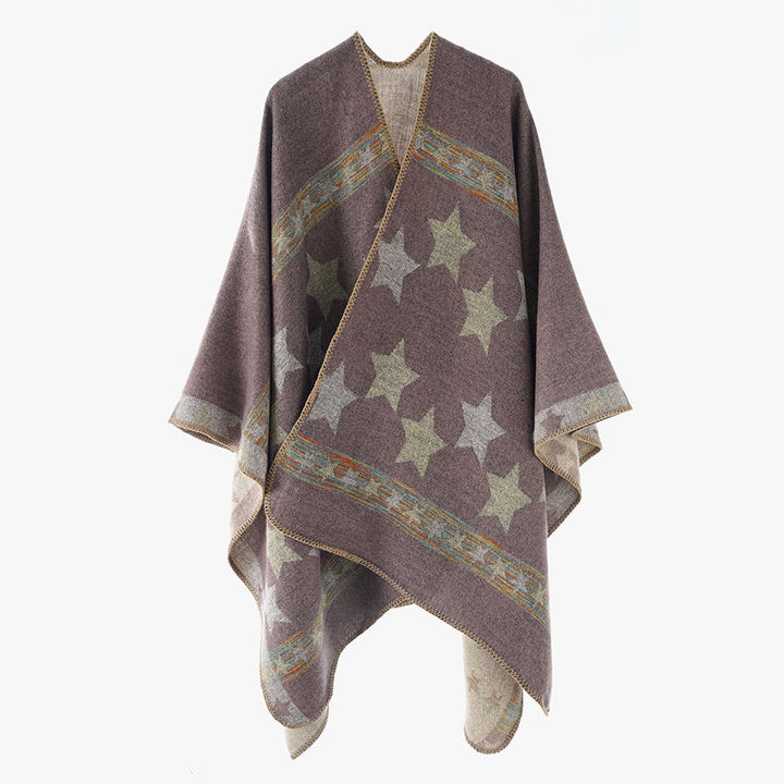 Dam Oversize capeponcho tillverkad av ullblandning med double-lagerplagg star jacquard och decorative overlock seam