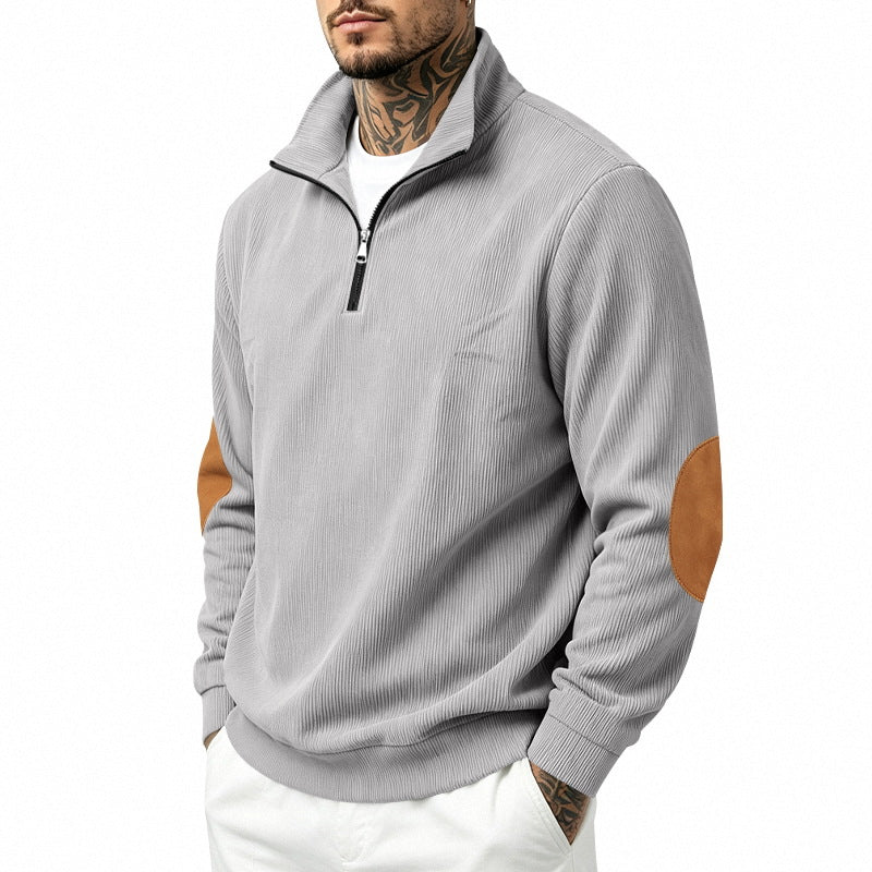 Herr Light Strukturerad Halv Dragkedja Pullover med Cord Elbow Lappar och Ståkrage