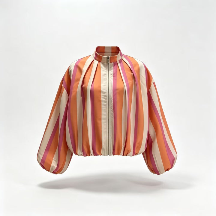 Dam Randig Kort Blouson med Pleat Detail, Balloon Ärmar och Stå Krage