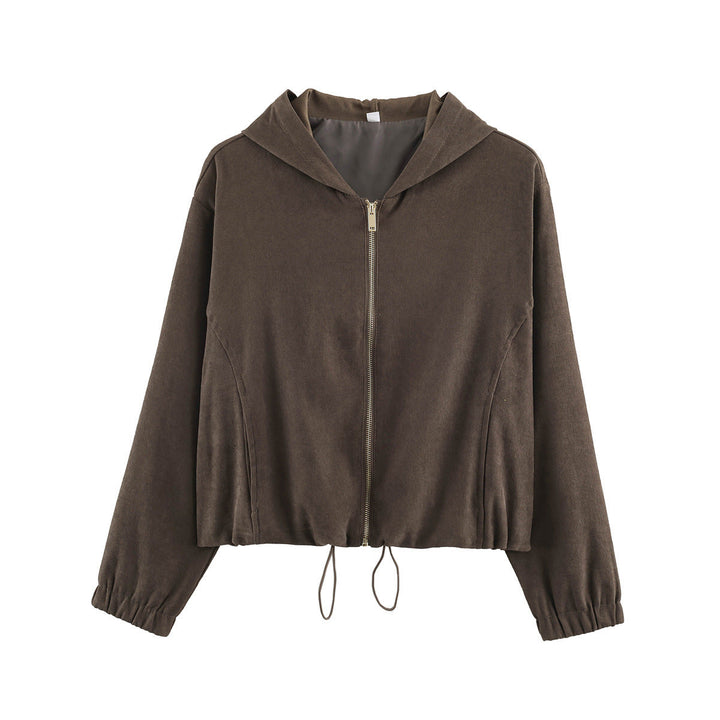 Dam kort jacka in velour look med huva, hellång dragkedja och fåll med dragsko