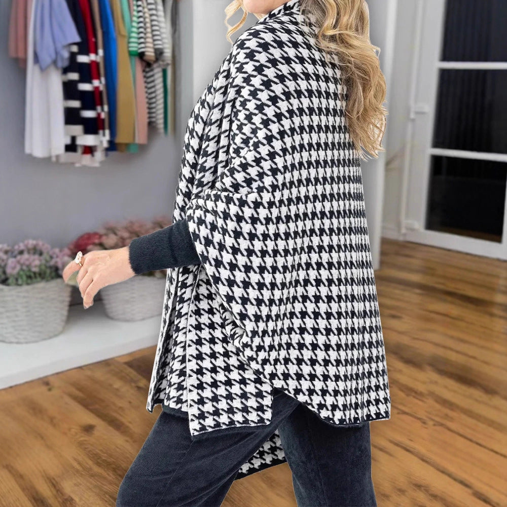 Dam oversized poncho med Houndstooth mönster och Open sjalkrage