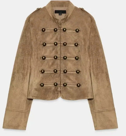 Dam Kort Suede Jacka i Military Look med Dekorativ Parade Knapp Knäppning