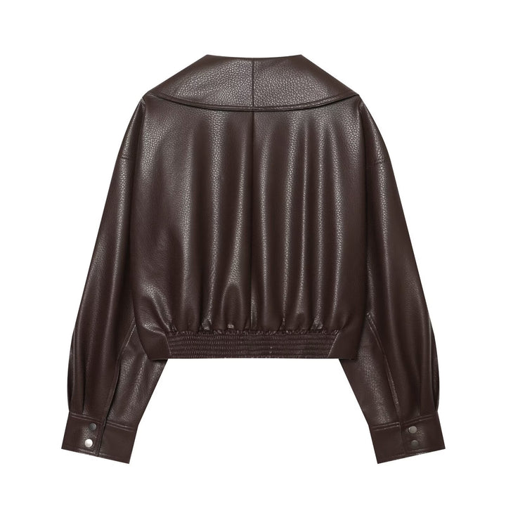 Dam Kort Läderlook Blouson med Oversize Shawl Krage och Asymmetrisk Waist Belt