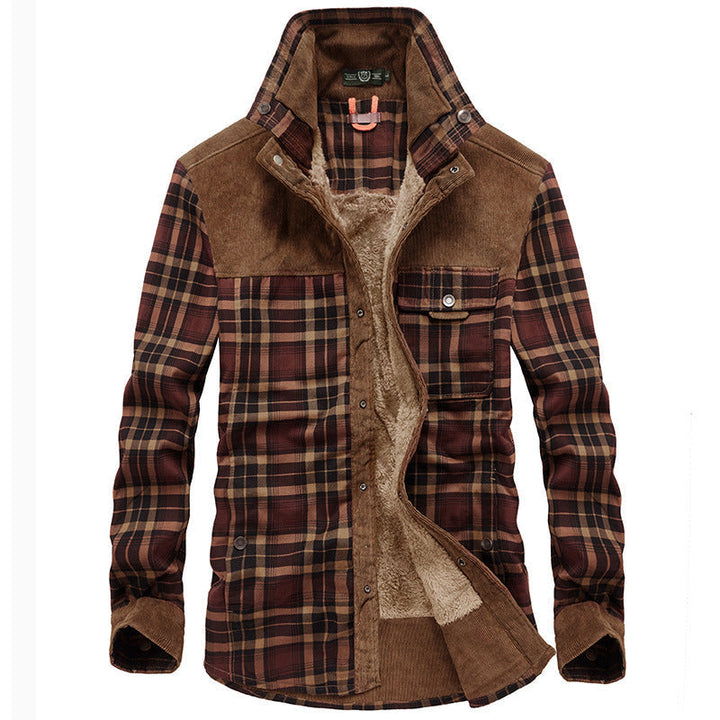 Herr Checkered Skjortjacka med Teddyfoder, Manchester Axel Yoke och Multifunctional Fickor