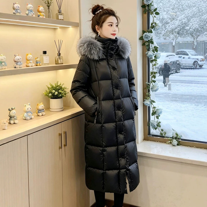 Dam Lång Dunjacka med Faux Fur Krage