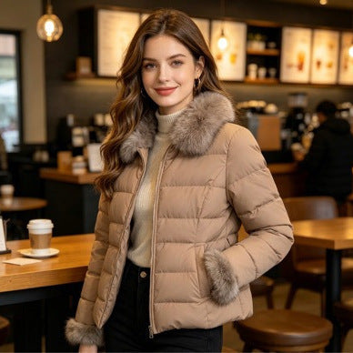 Dam kort skräddad vinter kviltad jacka med removable faux fur krage, tonal midja straps och dold två-way dragkedja