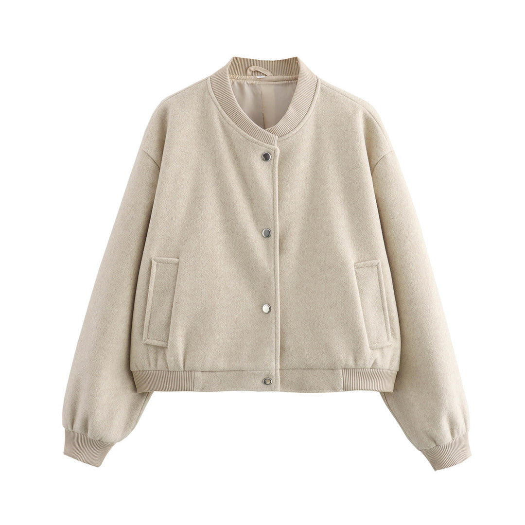 Dam Kort Oversize Collegejacka i Ull Blend med Tryckknapp Knapp Stängning, Side Fickor och Ribbed Muddar