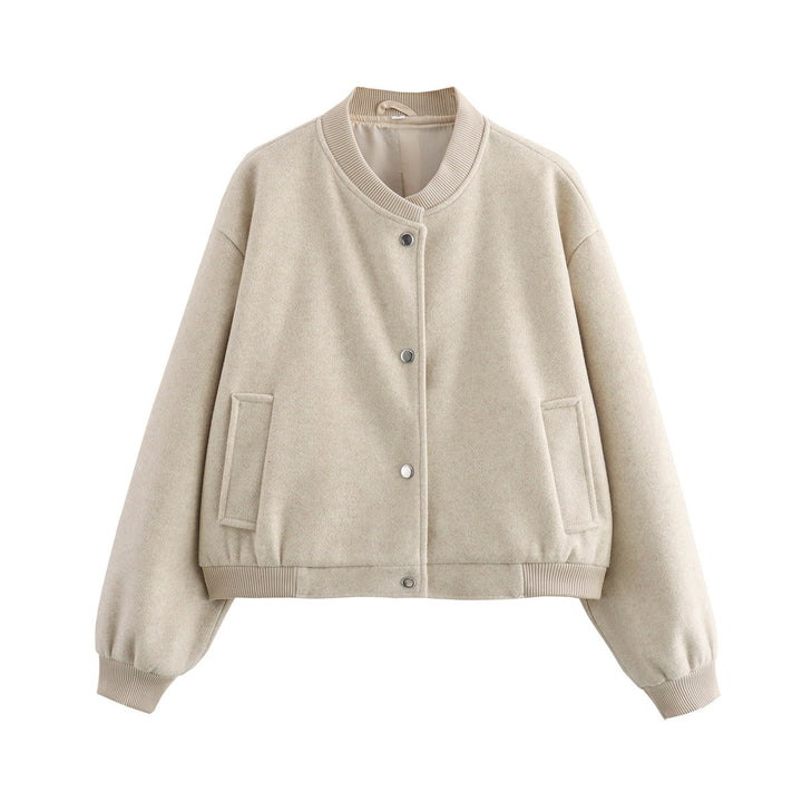 Dam Kort Oversize Collegejacka i Ull Blend med Tryckknapp Knapp Stängning, Side Fickor och Ribbed Muddar