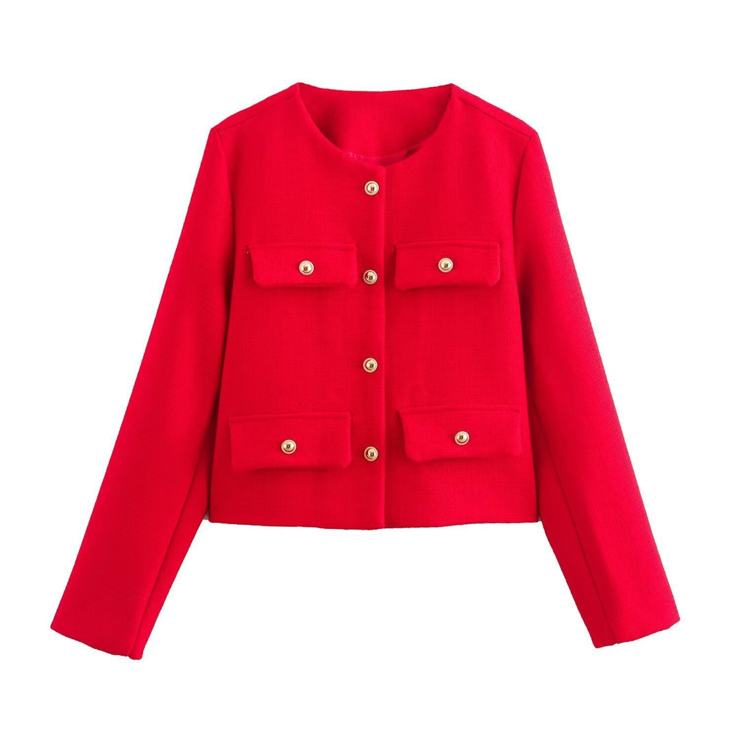Dam kort Boucle blazer jacka med Round Neck, dekorativ ficka Flaps, och Gold-Colored knappar