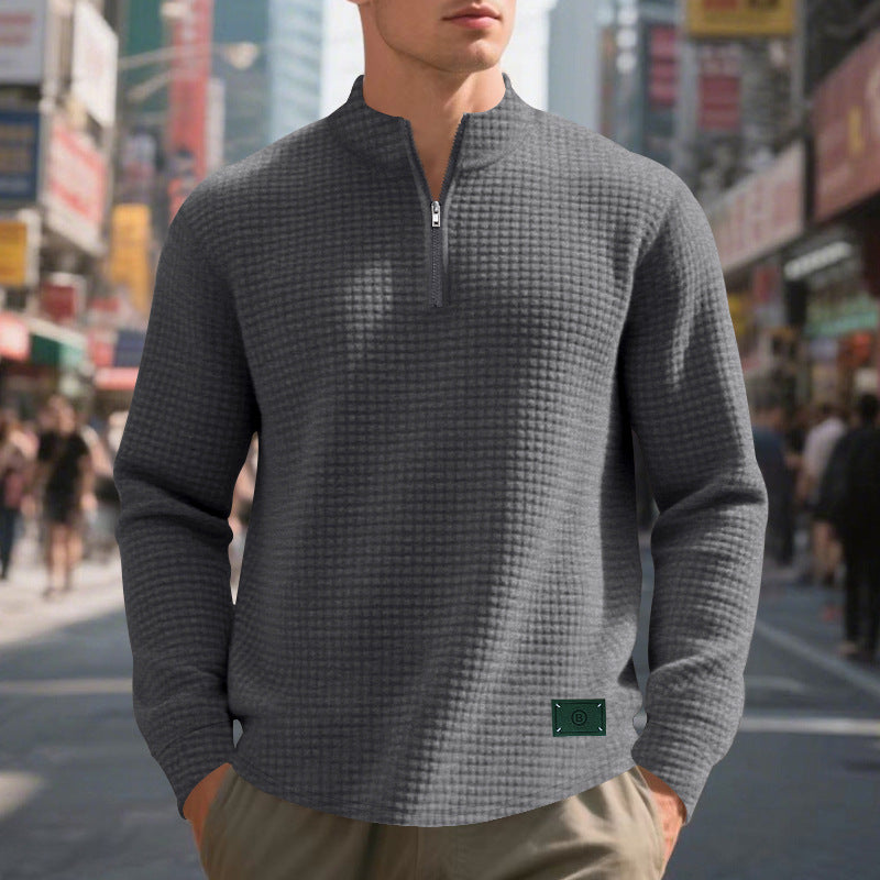 Herr Nano Lätt Waffle Stickad Pullover med Kort Krage Dragkedja och Rounded Fåll