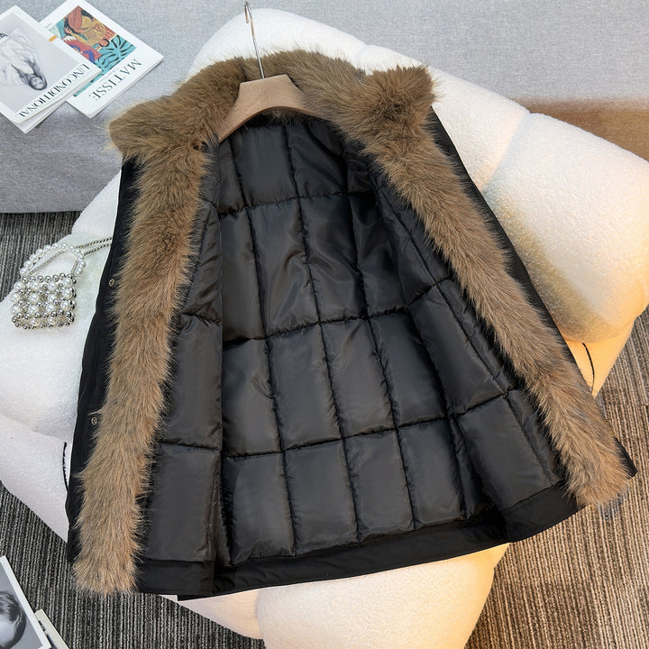 Dam mid-length vindtät vinter parka med detachable fuskpälskrage, vadderad inner flap och asymmetrical fåll