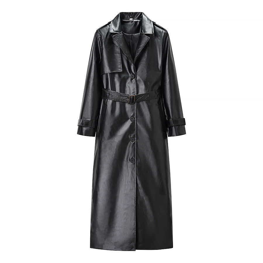 Dam längre trenchcoat in läderlook med knytband och Epaulettes