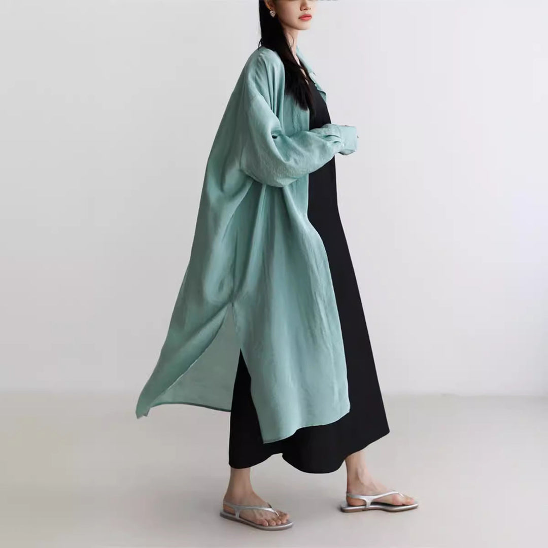Dam lång Satin Effect Duster med Stand krage, oversized skärning och Deep Side Slits