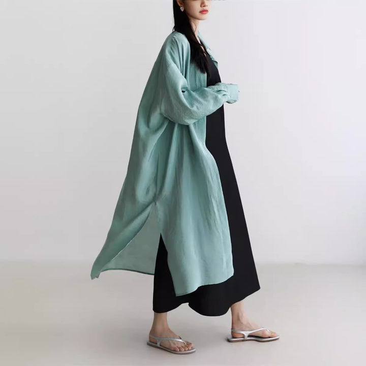 Dam lång Satin Effect Duster med Stand krage, oversized skärning och Deep Side Slits