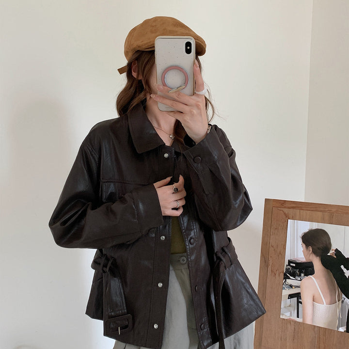 Dam kort oversize läder jacka med midja dragsko och Snap knappslå