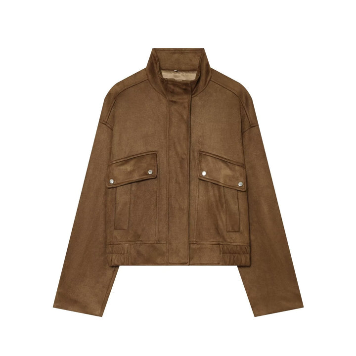 Dam Kort Boxig Suede Jacka med Stå Krage och Patch Fickor