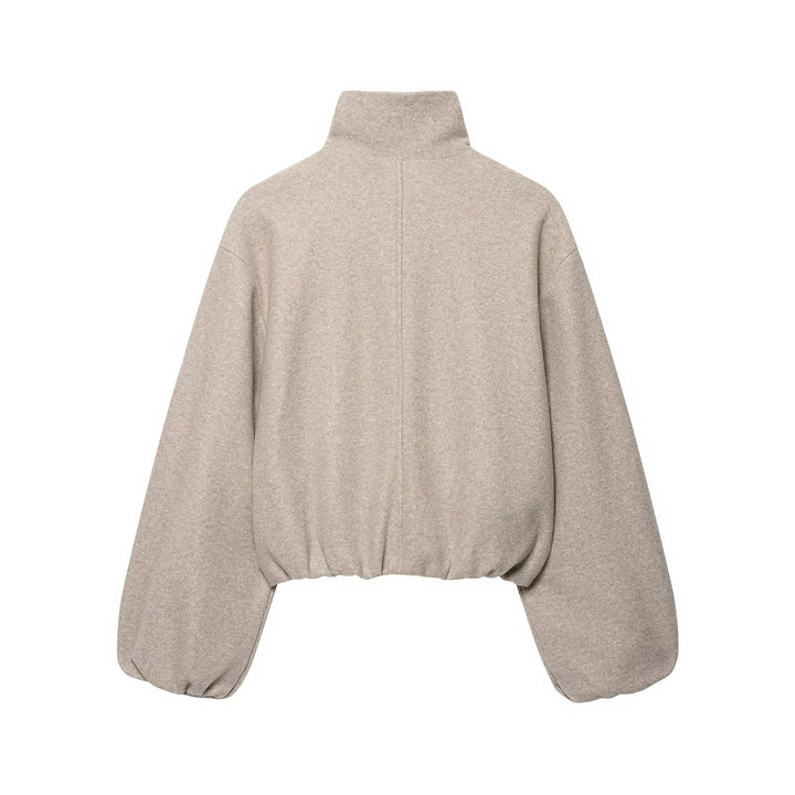 Dam Oversize Kort Blouson med Stå Krage, Dragkedja och Elastic Nederkant