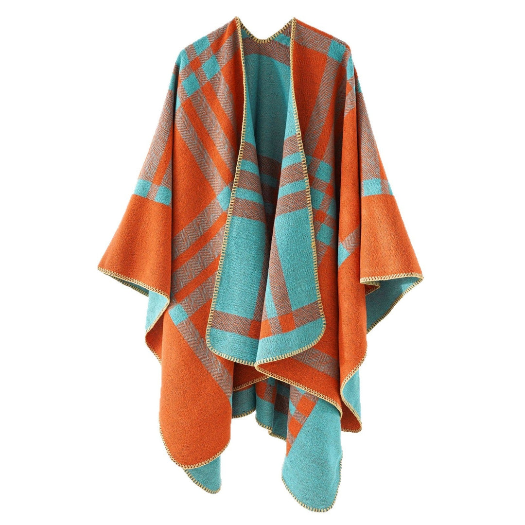 Dam Reversible ullblandning poncho med Geometric Check mönster och Decorative Stitching