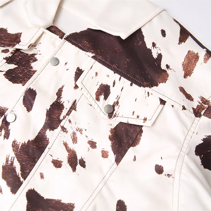 Dam Oversize jeansjacka med Cow Spot tryck Snap knäppning och Flap fickor