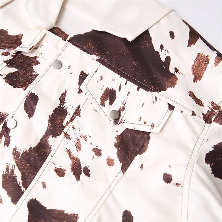 Dam Oversize jeansjacka med Cow Spot tryck Snap knäppning och Flap fickor
