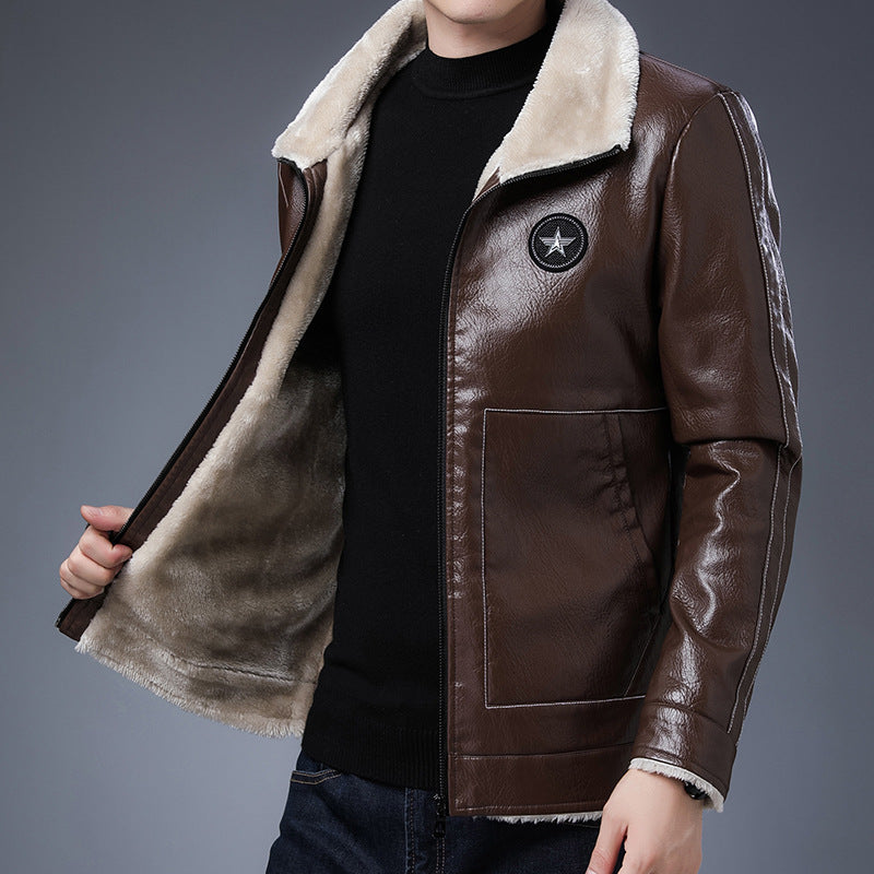 Herr Pilot Blouson i Läder Look med Sherpa Foder och Stående Krage