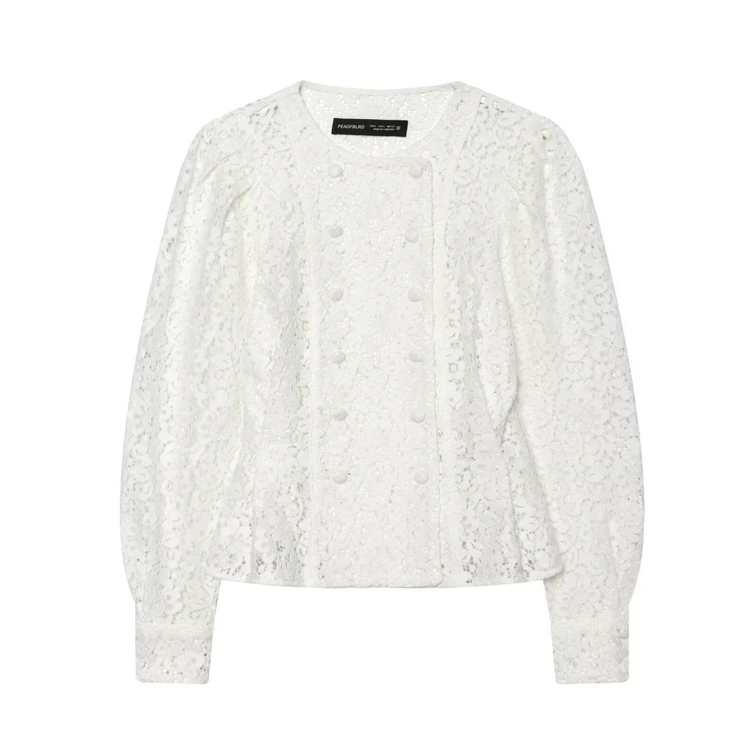 Dam Lace Jacka med Delicate Blommig Lace, Dekorativ Knapp Knäppning och Balloon Ärmar