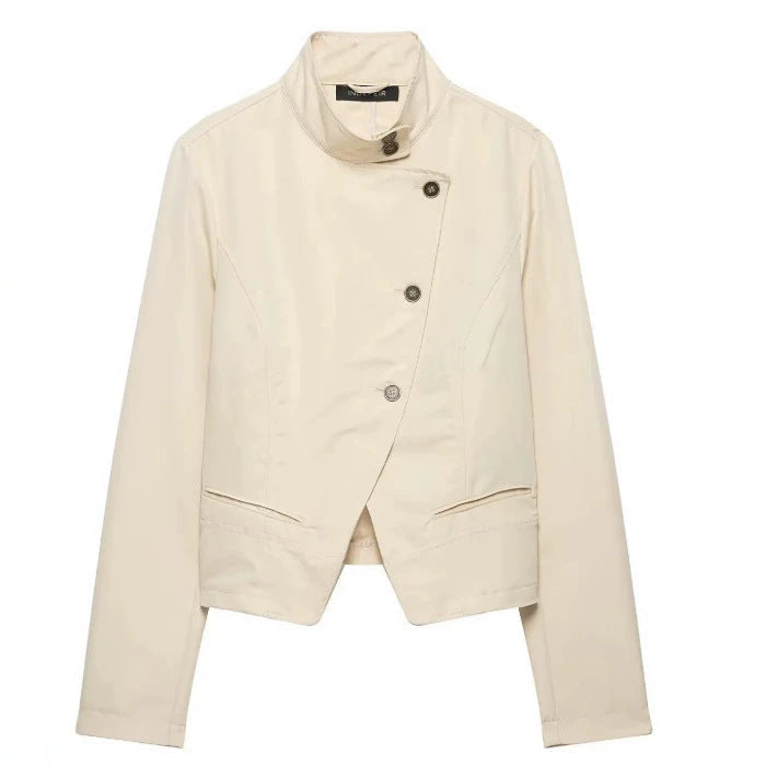Dam Kort Tailored Avslappnad Jacka i Blouson Stil med Asymmetrisk Knapp Knäppning och Stå Krage