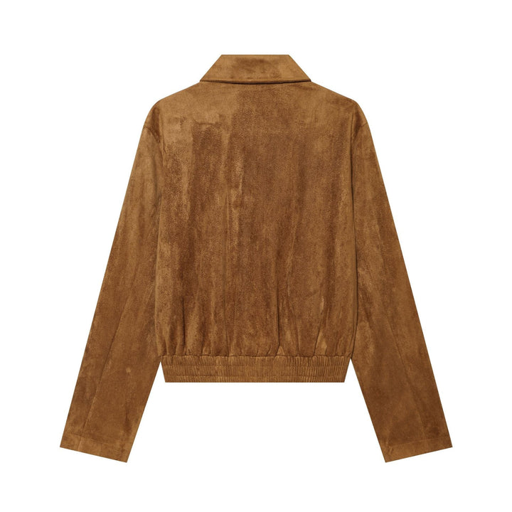 Dam Kort Jacka Tillverkad av Suede Läder med Blouson Silhuett, Stå Krage, och Knapp Knäppning