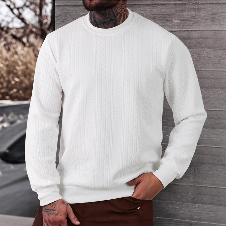 Herr Textured Round Neck College-Tröja med Fin Waffle Structure och Ribbstickade Muddar
