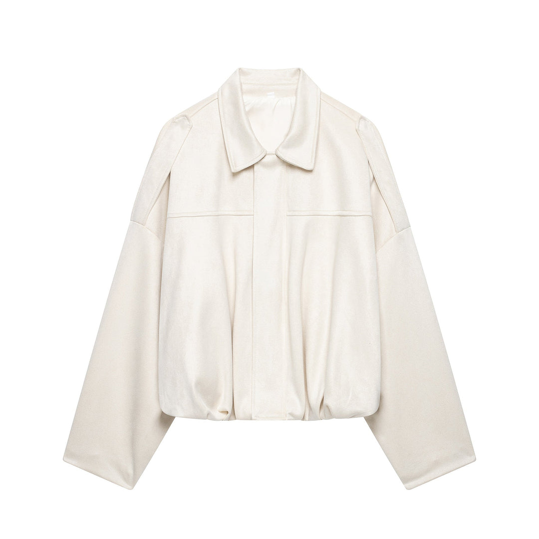 Dam Kort Boxig Jacka Tillverkad av Velour Look med Skjort Krage, Wide Raglan Ärmar och Drawstring