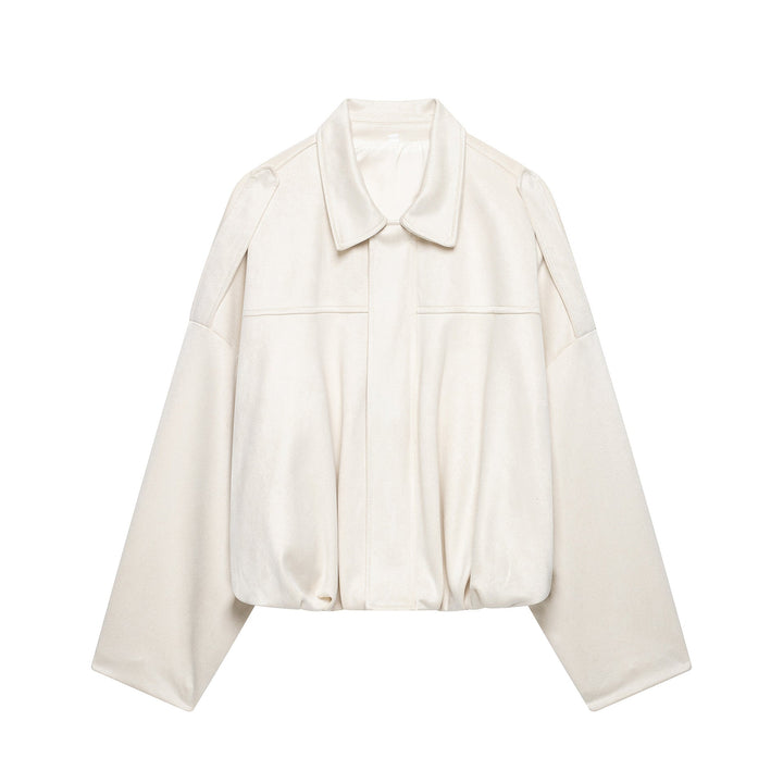 Dam Kort Boxig Jacka Tillverkad av Velour Look med Skjort Krage, Wide Raglan Ärmar och Drawstring