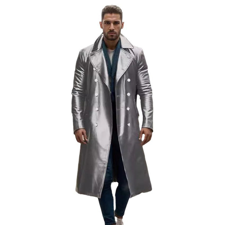 Herr Long Shiny Konstläder Trenchcoat med Dubbel Breasted och Särpräglad Lapel