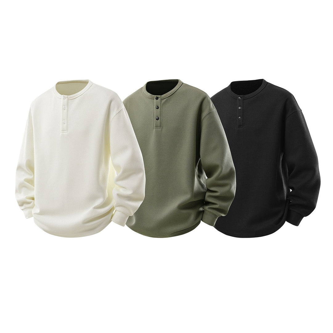 Herr Waffle Structure Henley Termisk Skjorta med Knapplist och Avslappnad Passform Drune