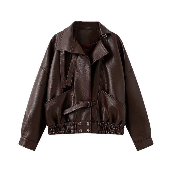 Dam 10+ Tailored Kort Faux Läder Blouson med Belt, Elastic Nederkant, och Lock Fickor