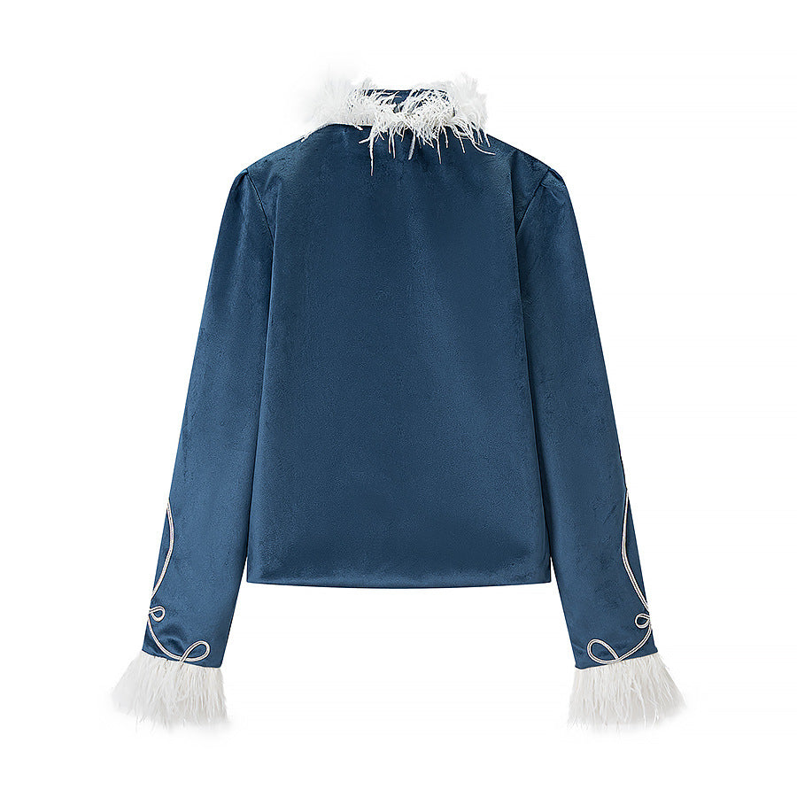 Dam sammet Military jacka med Feather Trim och dekorativ Piping
