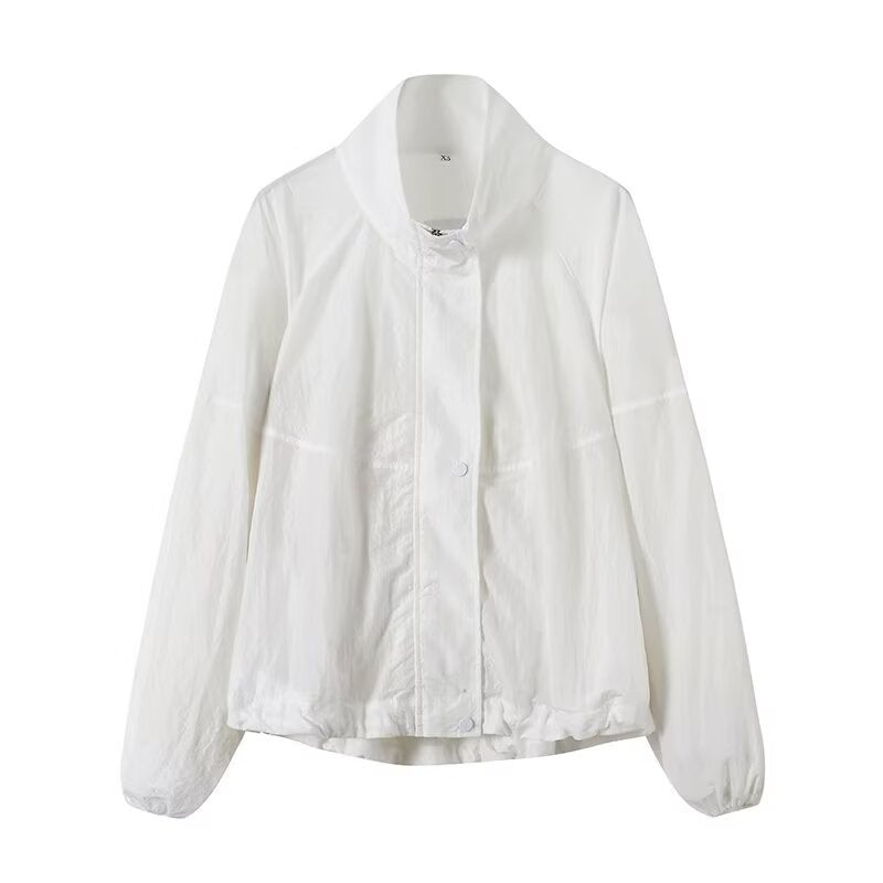 Dam lätt Wind och resa jacka med Stand krage, dold Snap Placket och fåll med dragsko
