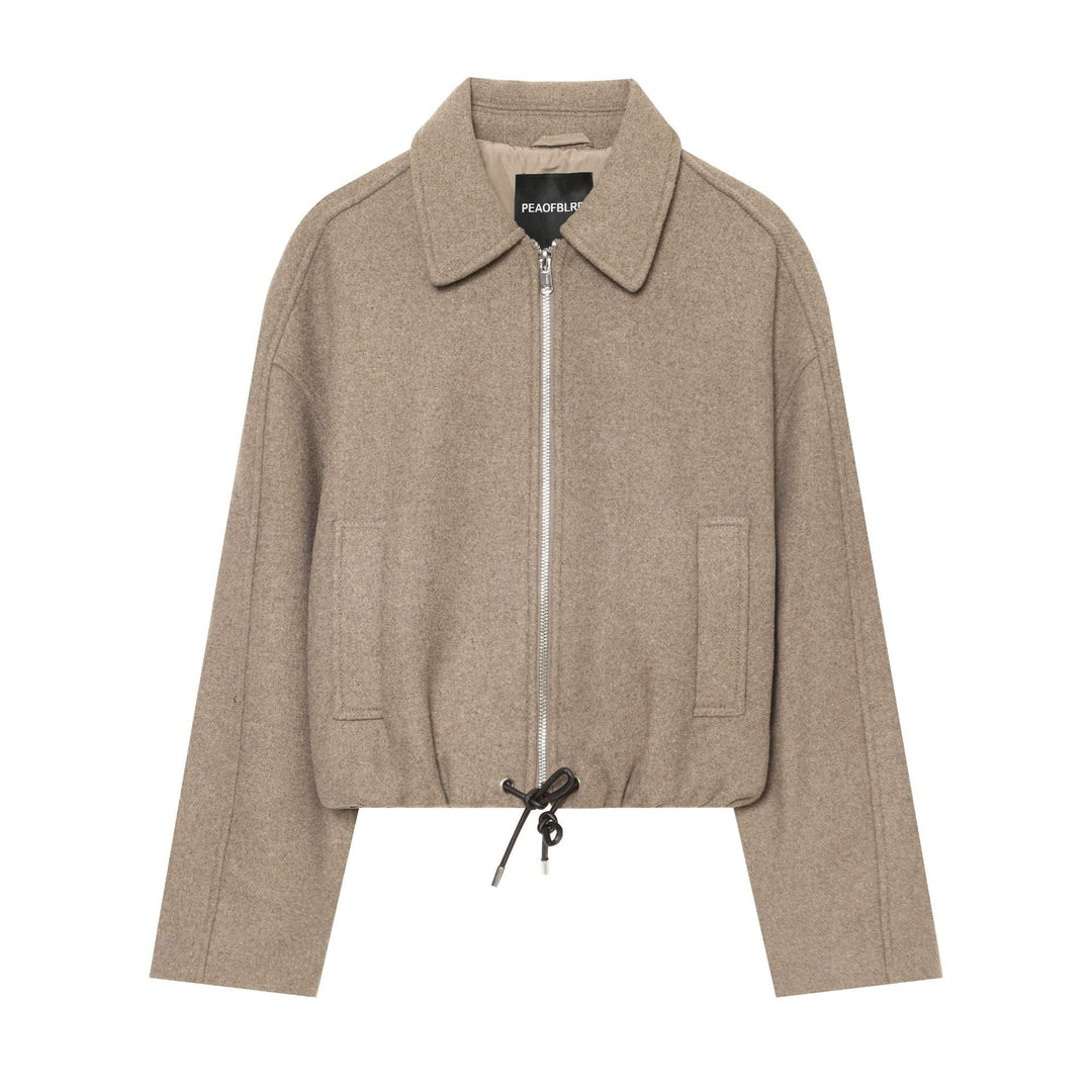 Dam Kort Ull Blend Blouson med Full Dragkedja och Drawstring Waist