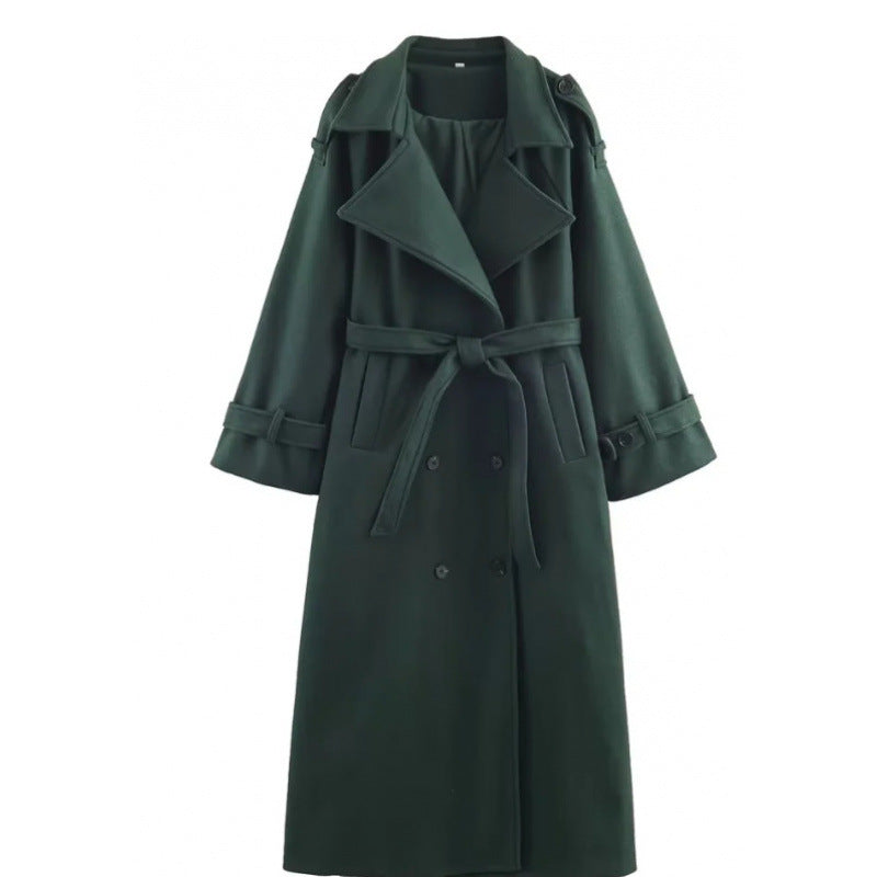 Dam Lång Dubbel-Breasted Ullblandning Trenchcoat med Bälte och Breda Slag