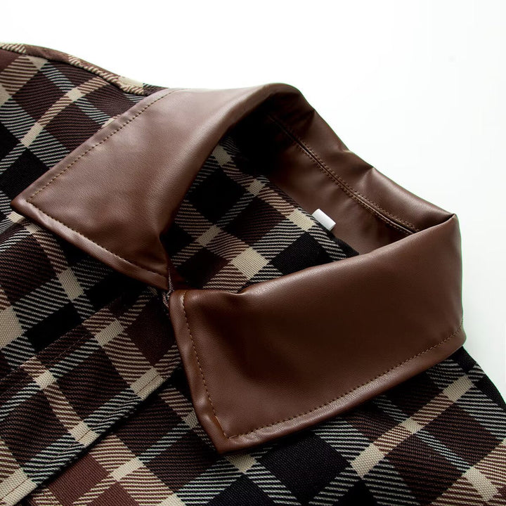 Dam Checked Transitional Parka med Faux Läder Krage, Drawstring och Lock Fickor